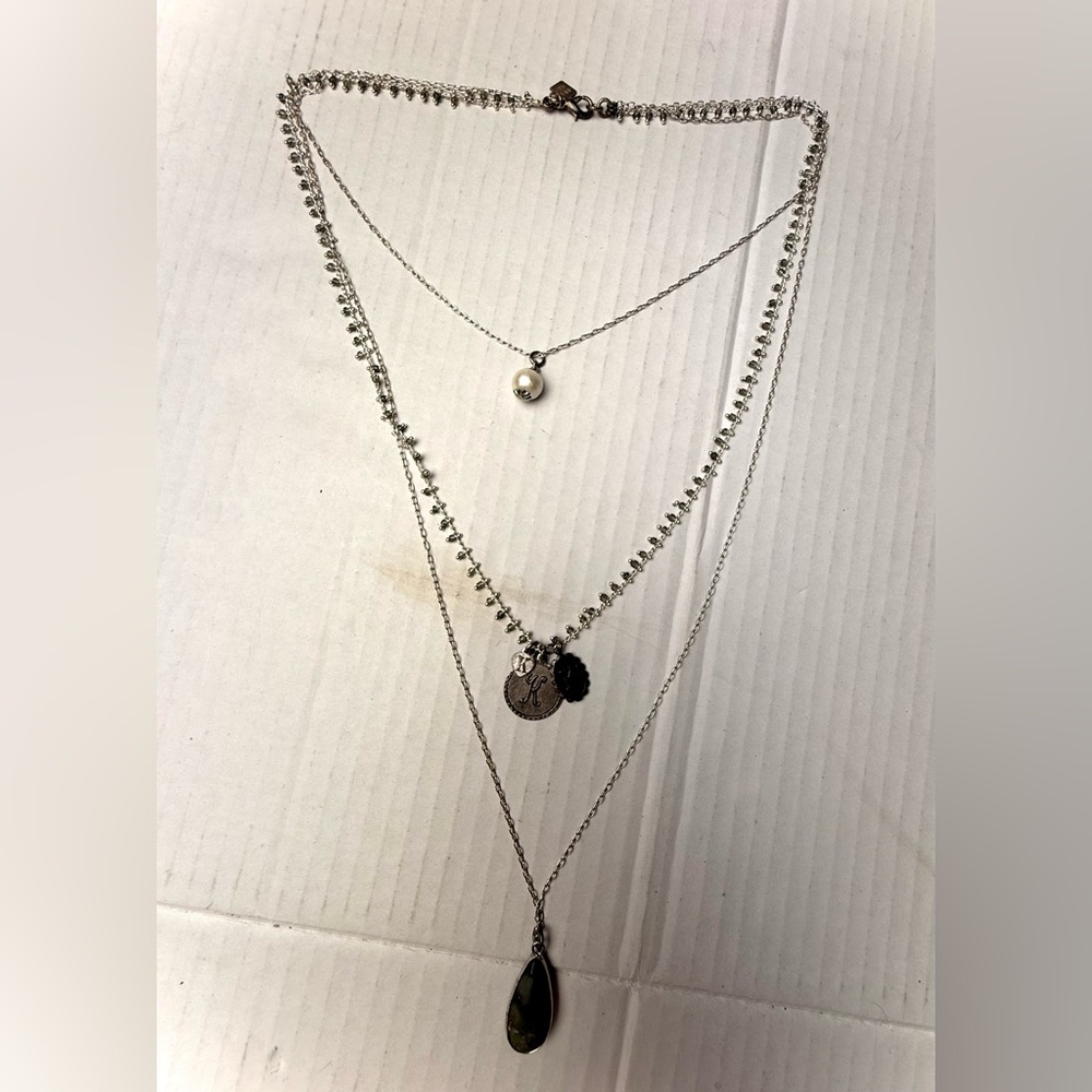 Vintage John Wind Signed K Charm Pendant Multi Strand Silver Tone Necklace Pearl